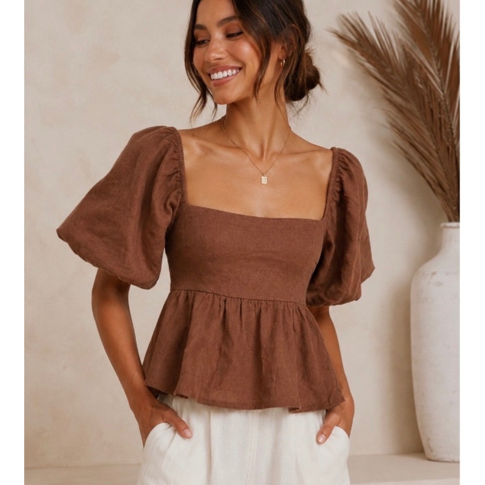Aurelia‎ Parks Francesca's Peplum Top XL Brown Puff Sleeve Tie Back